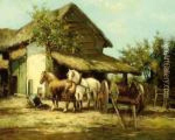 A Brown And White Horse By A Stable Oil Painting - Willem Carel Nakken