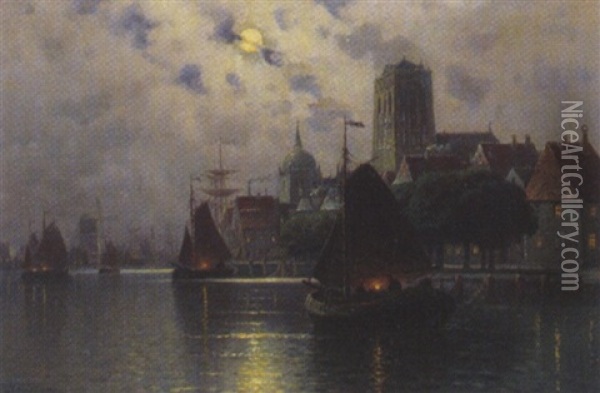 Hafenstadt Im Mondlicht Oil Painting - Joseph Nikolaus Buettler