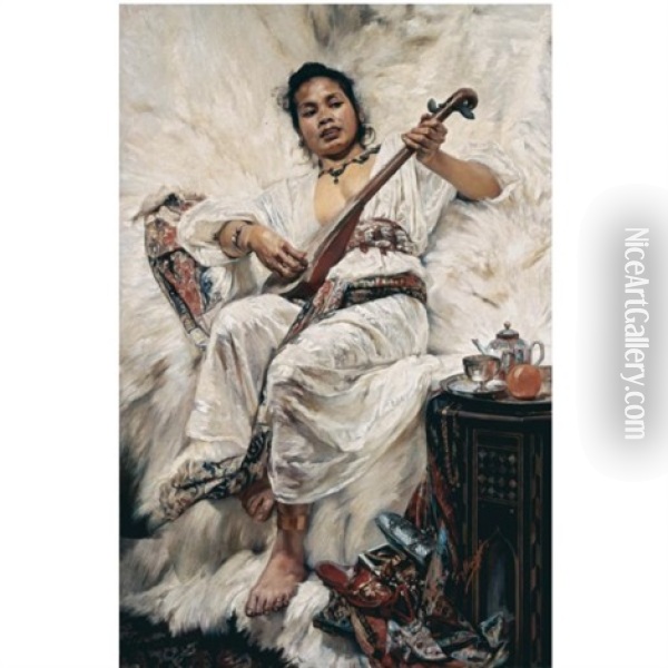The Mandolin Player Oil Painting - Jean C. Ubaghs