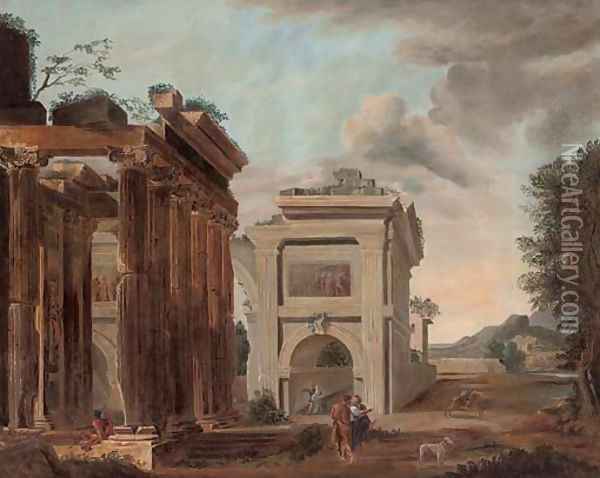 A capriccio of classical ruins with figures conversing 2 Oil Painting - Giovanni Paolo Panini