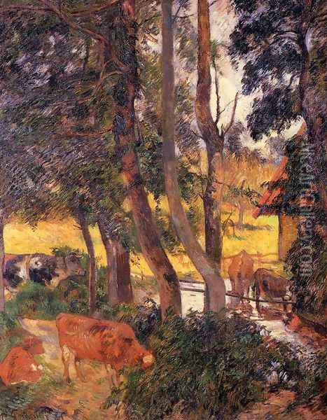 Cattle Drinking Aka Edge Of The Pond Oil Painting - Paul Gauguin