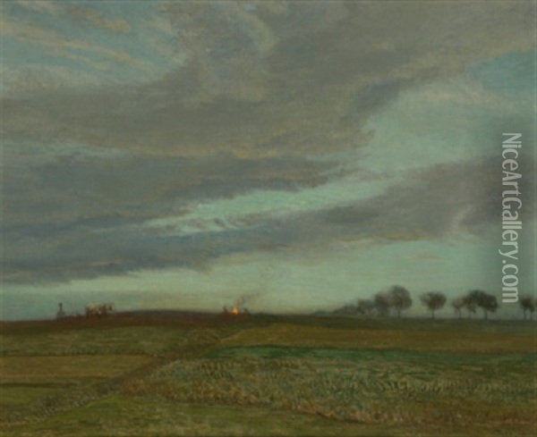 Herbstliche Abendlandschaft Mit Pflugendem Bauer Oil Painting - Thomas Leitner