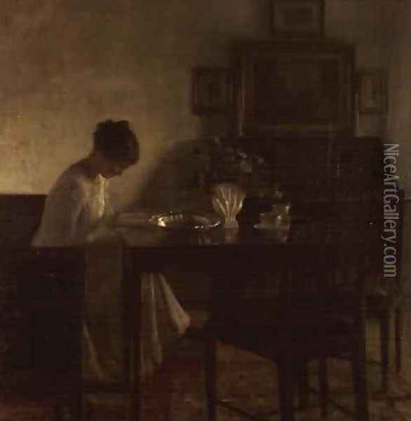 Girl reading in an interior Oil Painting - Carl Vilhelm Holsoe