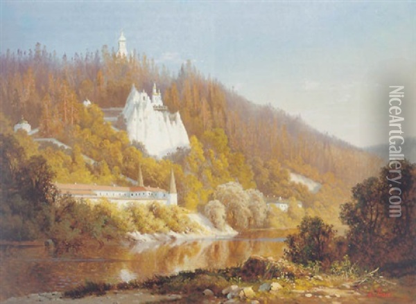 Blick Auf Svjatogorsky Kloster An Dem Flus Donetz In Der Ostukraine Oil Painting - Aleksandr Vasil'evich Gine