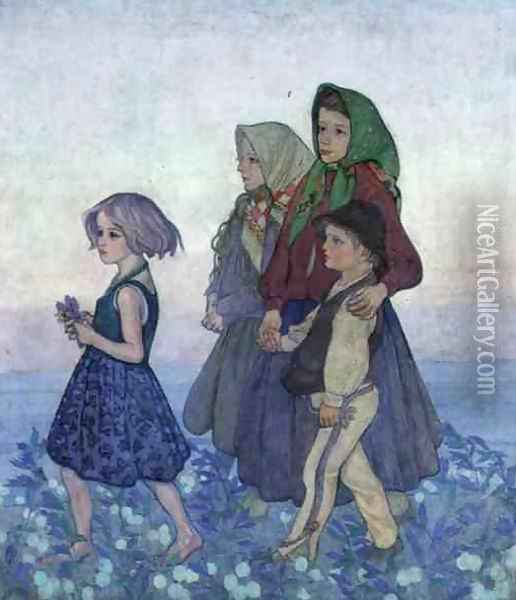 Procession of Polish Highland Children, c.1910 Oil Painting - Jan Rembowski