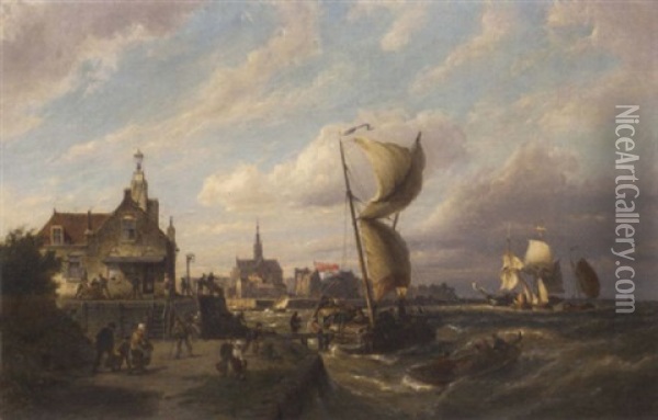 A Blustery Day, Flushing, Holland Oil Painting - Pieter Cornelis Dommershuijzen