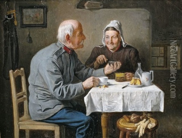 Alte Freundschaft. Stubeninterieur Mit Einem Paar Am Tisch Oil Painting - Friedrich Ritter von Malheim Friedlaender