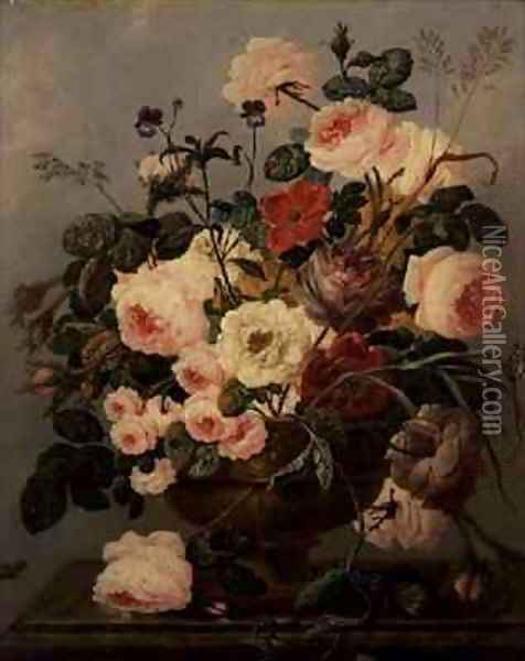 Roses carnations convulvuli and other flowers in a vase on a ledge Oil Painting - Johann Baptist Drechsler