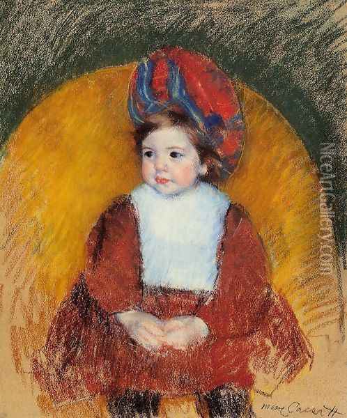 Margot In A Dark Red Costume Seated On A Round Backed Chair Oil Painting - Mary Cassatt