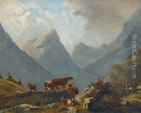 Cows In The High Alps Oil Painting - Joseph Anton Sedlmayr
