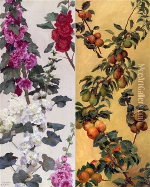 Branches De Roses Tremieres (+ Branches De Poirirer Et De Pommier; Pair) Oil Painting - Theophile-Louis Deyrolle