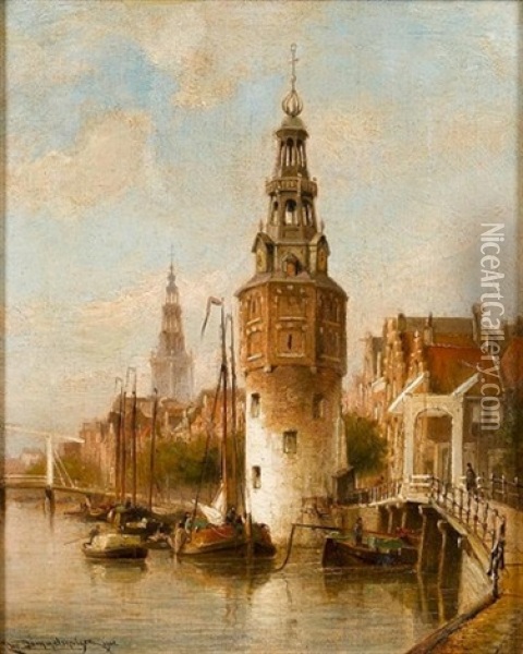 The Montelbaans Tower (+ The Schreyers Tower, Amsterdam; Pair) Oil Painting - Cornelis Christiaan Dommelshuizen