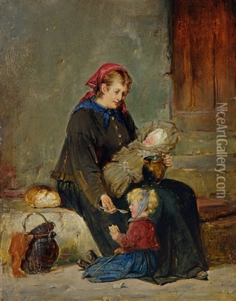 Mutter Mit Zwei Kleinen Kindern Oil Painting - Adolf Humborg