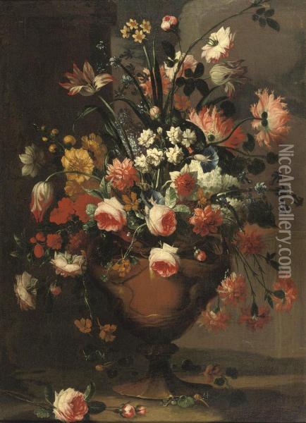 Peonies, Pink Roses, Lilies, Tulips, Daffodils And Various Otherflowers In A Vase Oil Painting - Karel De Moor