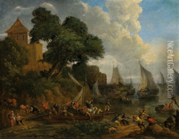Sudliche Meeresbucht Mit Booten Und Vielen Figuren Oil Painting - Adriaen Frans Boudewyns the Elder