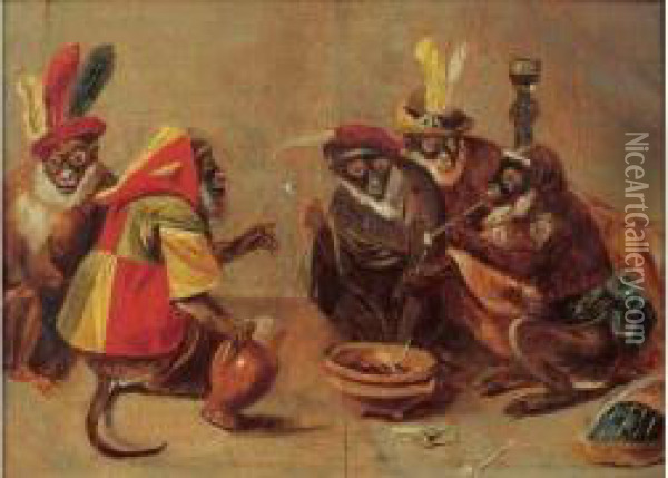 Les Singes Fumeurs. Oil Painting - Abraham Teniers