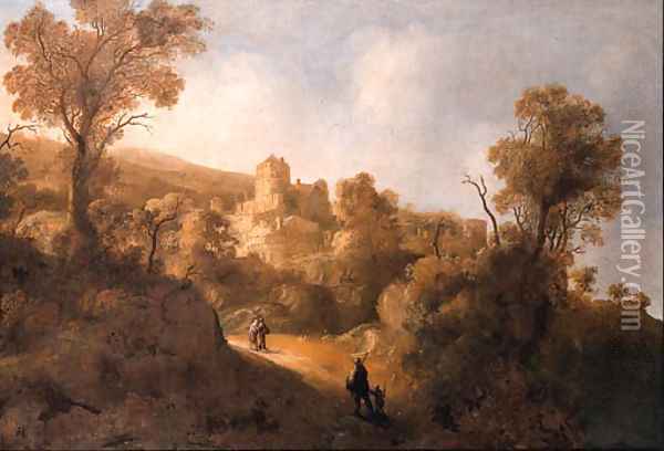 Travellers on a path in a mountainous landscape, a fortified town in the distance Oil Painting - Jacob De Villeers