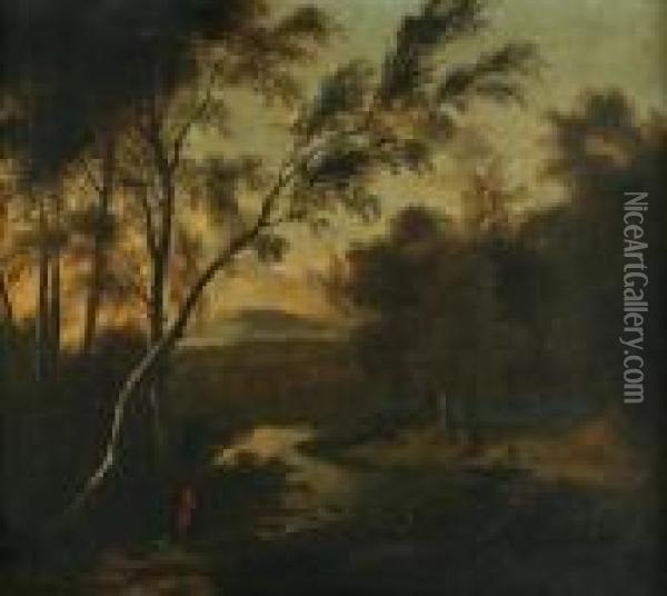 A River Landscape At Sunset With Travelers In The Foreground Oil Painting - Frederick De Moucheron