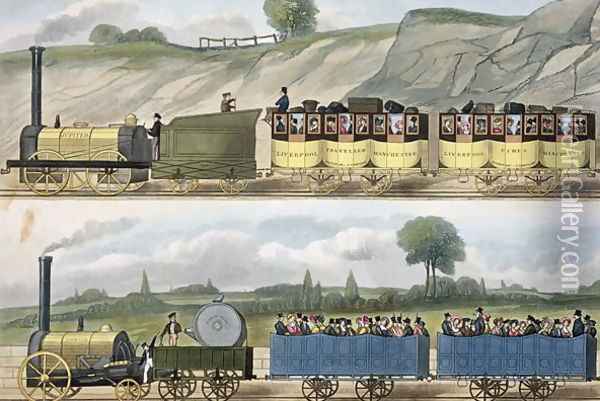 A Train of the First Class top and a Train of the Second Class bottom from Coloured View of the Liverpool - Manchester Railway, engraved by S.G. Hughes, published by Ackermann & Co., London, 1832-33 Oil Painting - Isaac Shaw