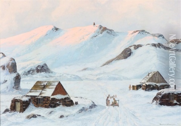 A Family And Their Sleigh Dogs In A Village In Greenland Oil Painting - Emanuel A. Petersen