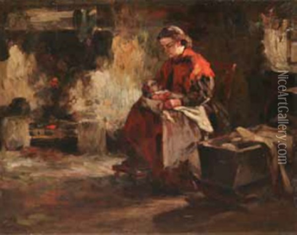 Fireside Scene With Woman And Child Oil Painting - Aloysius C. O'Kelly