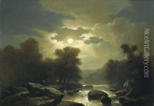 Mountain Stream In The Moonlight Oil Painting - Alexandre Calame
