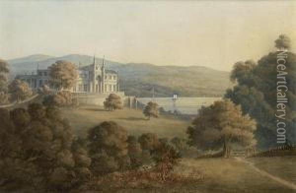 A Country House On A Lake Oil Painting - George Jnr Barrett