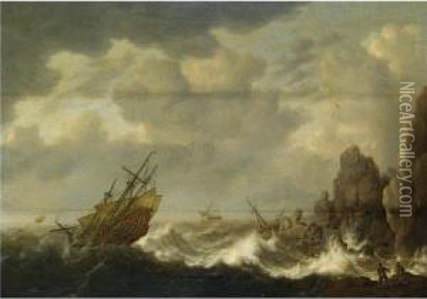 A Dutch Merchant Man And Other Shipping In Stormy Seas Near A Rockycoast Oil Painting - Hendrick Staets