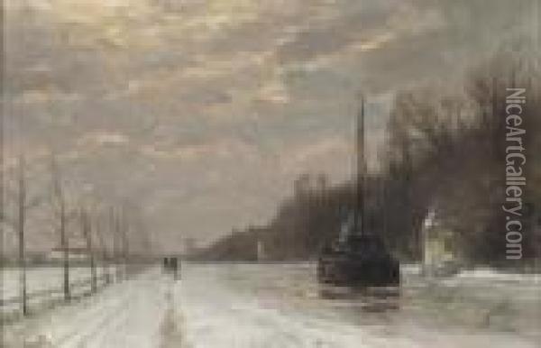 By The Canal In Winter At Dusk Oil Painting - Louis Apol