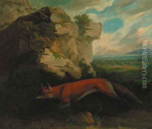 A fox by a rocky outcrop, a hunt beyond Oil Painting - Charles Towne