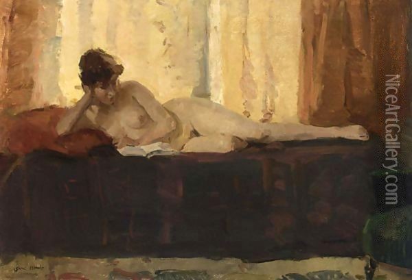 A Female Nude Reading On A Bed Oil Painting - Isaac Israels