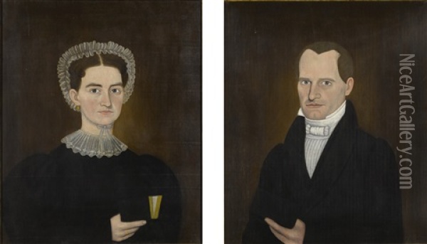 Pair Of Portraits: Matthew And Lucinda Robbin Oil Painting - John Brewster Jr.