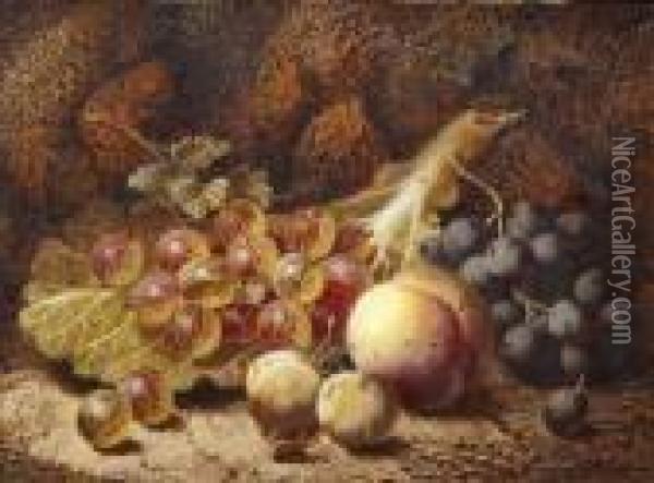 Still Life Of Grapes, A Peach, Plums, Gooseberries And A Cabbage Leaf Oil Painting - Oliver Clare