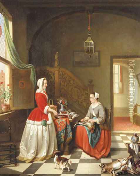 A lady giving instructions to her maid in a 17th century interior Oil Painting - Alexis van Hamme