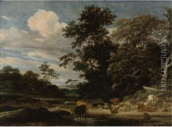 Wooded Landscape With Herd Animals Resting By A Pond Oil Painting - Jacob Salomonsz. Ruysdael