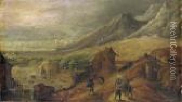 A Mountainous Landscape With Peasants On A Path, A Port Beyond Oil Painting - Joos De Momper