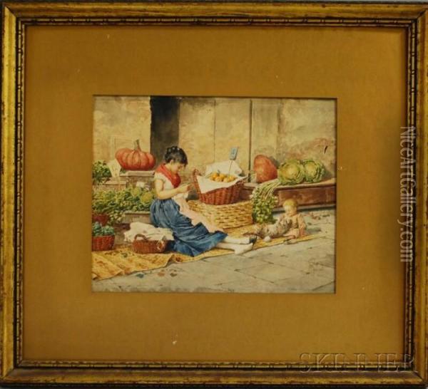 The Vegetable Seller. Oil Painting - Albert Pierre Roberti