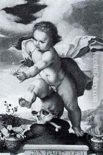A Vanitas: A Putto Stepping On A Skull, Blowing Bubbles, A Landscape Beyond, Flowers In A Vase And Smoking Urn On Ledge Oil Painting - Hendrik Goltzius