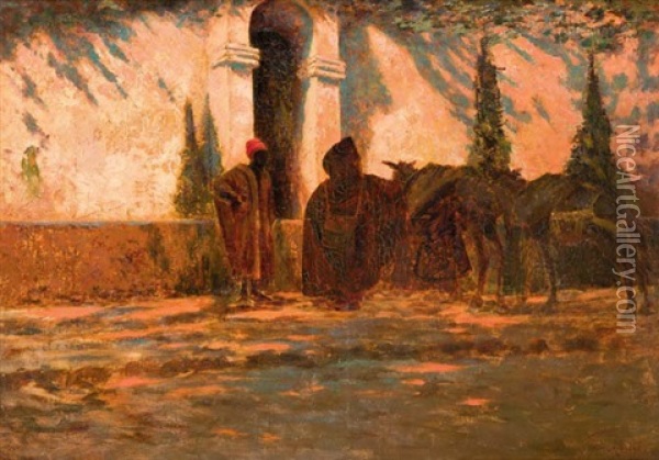 Marocains A La Fontaine Oil Painting - Charles Henri Gaston Dagnac-Riviere
