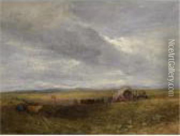 Travellers In A Landscape Oil Painting - David I Cox