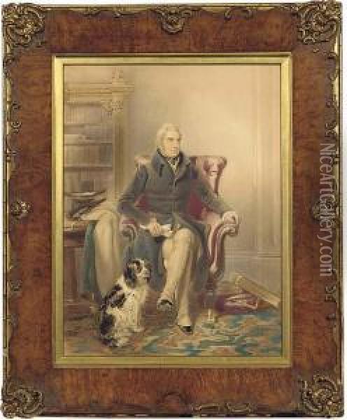 Portrait Of A Gentleman, Seated 
Small Three-quarter-length, In Ablack Coat, In A Library, A Spaniel By 
His Side Oil Painting - John Partridge
