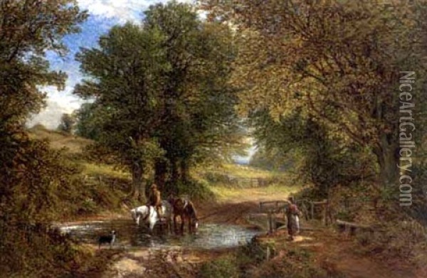 A Chance Meeting At The Ford Oil Painting - Alfred Augustus Glendening Sr.