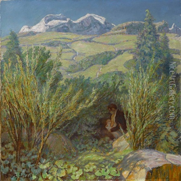 Berglandschaft Mit Mutter Und Grunen Weiden Oil Painting - Erich Erler-Samedan