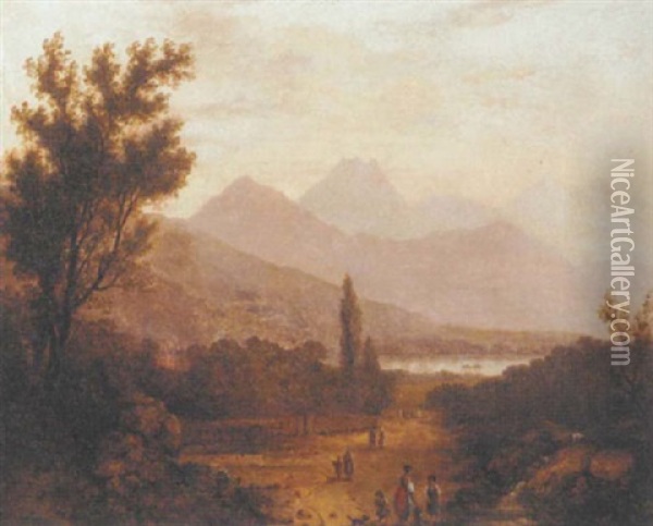 Figures In An Extensive Mountainous Lake Landscape Oil Painting - John Duncan (Captain) King