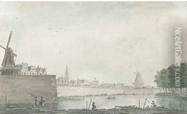View of the Raampoort, Amsterdam, with figures fishing on a barrage 2 Oil Painting - Theodor (Dirk) Verrijk