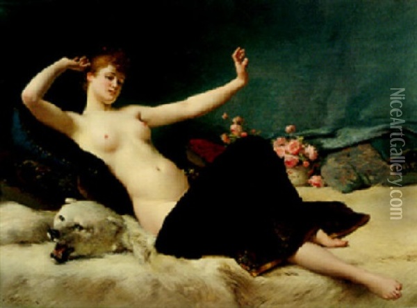 Nude On A Bearskin Oil Painting - Jules Frederic Ballavoine