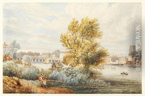 Chelsea From Battersea Marshes With A Figure Fishing Oil Painting - John Powell
