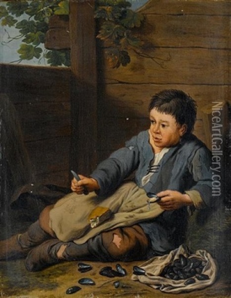 A Boy Eating Mussels In A Courtyard Oil Painting - Jan Josef Horemans the Elder