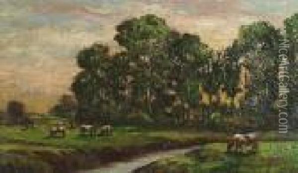 Cattle Grazing At Sunset Oil Painting - William Greaves