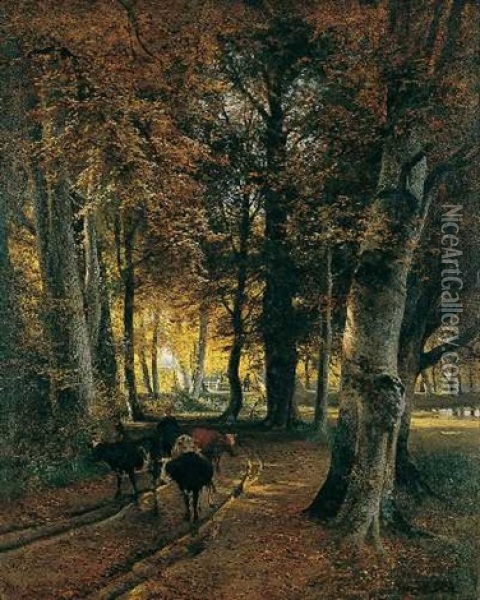 Waldlandschaft Mit Kuhen Und Gehoft Oil Painting - Heinrich Deiters